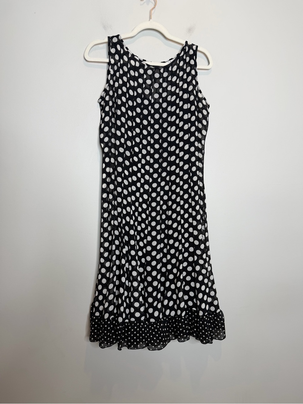 VTG Y2K Studio I Polka Dot Midi Dress Size 8 Black White Retro Twee Ruffle Hem